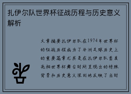 扎伊尔队世界杯征战历程与历史意义解析